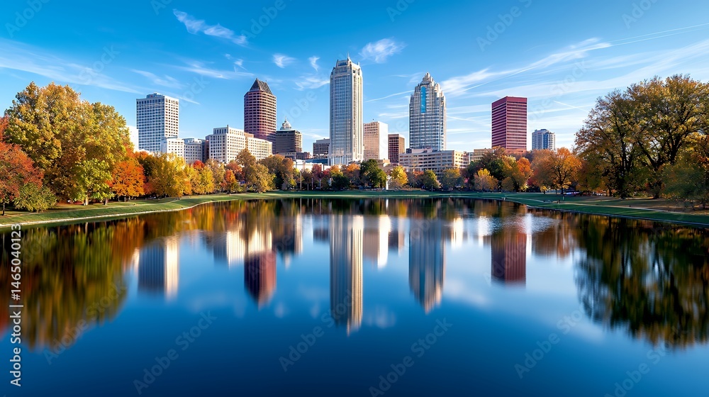 Obraz premium Cityscape Reflected in Calm Lake with Autumn Trees and Clear Sky