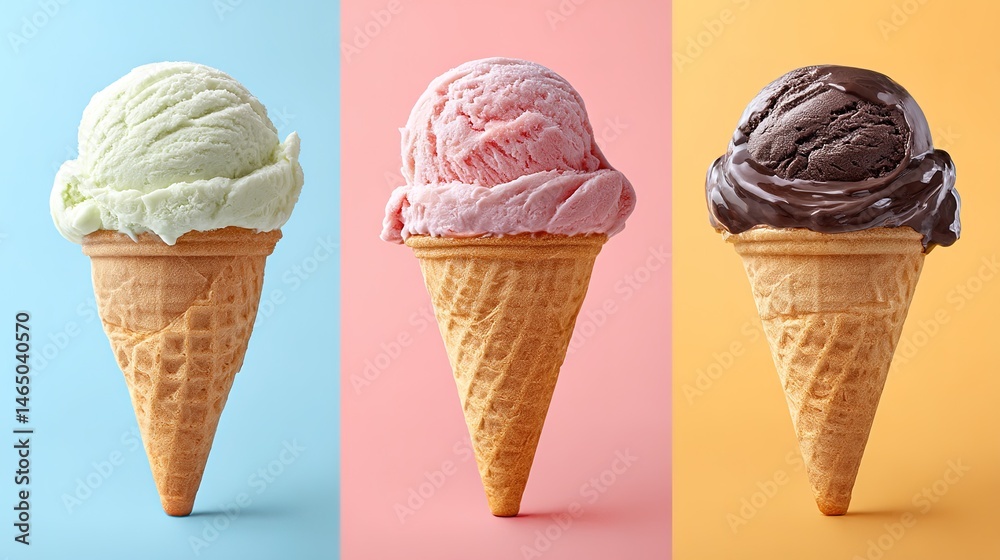 Triple ice cream delight: mint, strawberry, and chocolate waffle cones on colorful backgrounds Triple ice cream delight: mint, strawberry, and chocolate waffle cones on colorful backgrounds