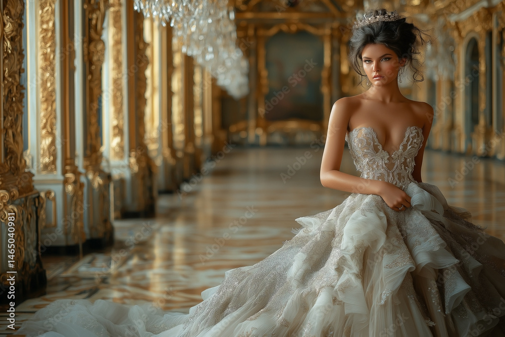 Obraz premium Haute couture model strikes regal pose beneath chandeliers in baroque splendor
