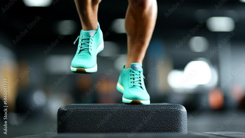 Close-up low angle view of a person's legs and feet jumping over a low, dark gray rectangular box in a gym. The background is blurry but shows a fitness or workout environment