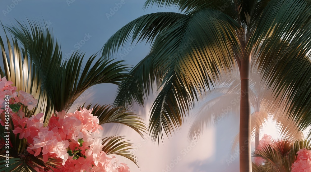 Colorful Tropical Scene With Palm Trees and Vibrant Flowers During Sunset in a Serene Atmosphere