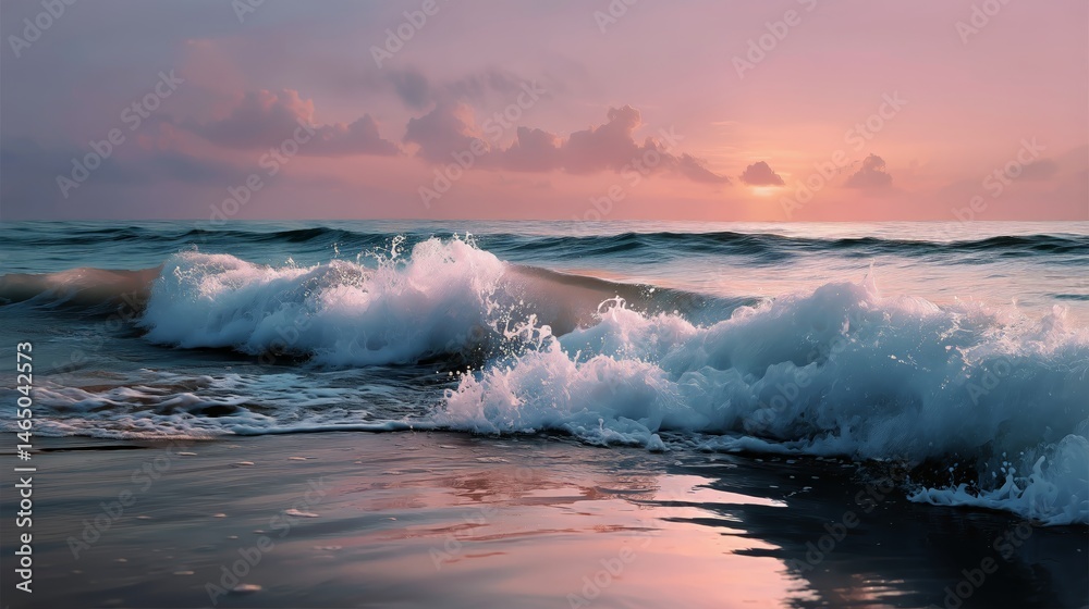 Waves Crashing on the Shore During Sunset at a Tranquil Beach