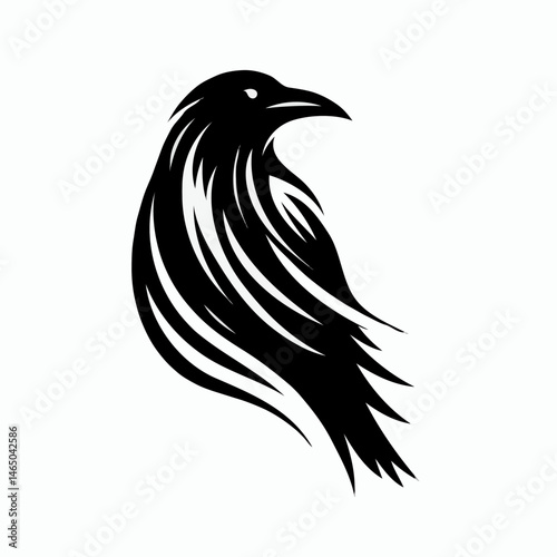 Raven bird in stylized black ink silhouette