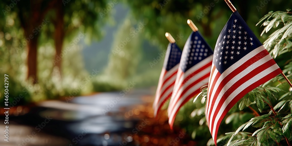 American Flags Line a Serene Path in a Lush Garden During Daytime