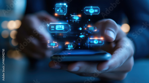 Hands holding smartphone with holographic app icons, showcasing mobile data, user interface, and digital interaction for online business