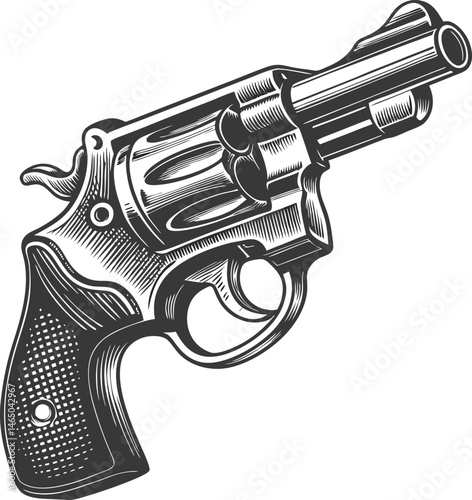 Detailed black and white revolver gun illustration