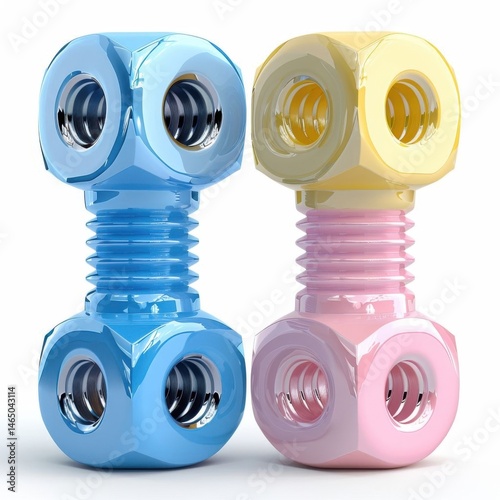 3D Cartoon Plastic Bolt and Nut Icon on White Background