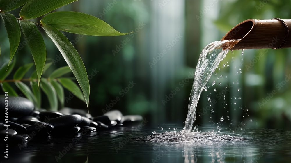 Bamboo Fountain Pouring Water Over Smooth Stones in a Serene Garden Setting