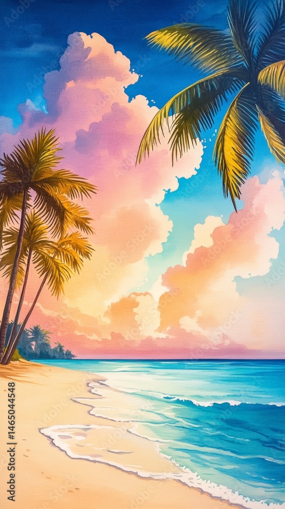 Obraz premium Tropical beach with palm trees and clear blue water under a pastel sunset sky