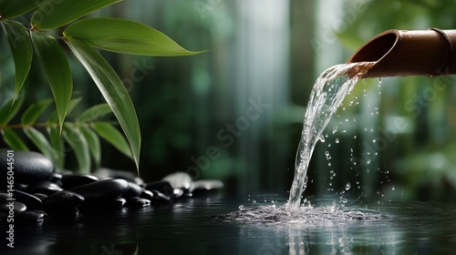 Obraz na płótnie Bamboo Fountain Pouring Water Over Smooth Stones in a Serene Garden Setting w salonie