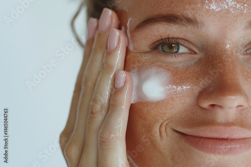 A happy woman applies foamy cleanser to her skin during a beauty routine, skincare. Brightness and joy exude from her expression, personal care, self-love, and the benefits of maintaining healthy skin