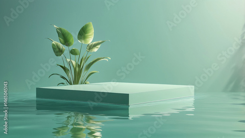 Soft green podium floats above still water, casting delicate shadows and reflections. Peaceful, modern scene ideal for elegant product presentation.