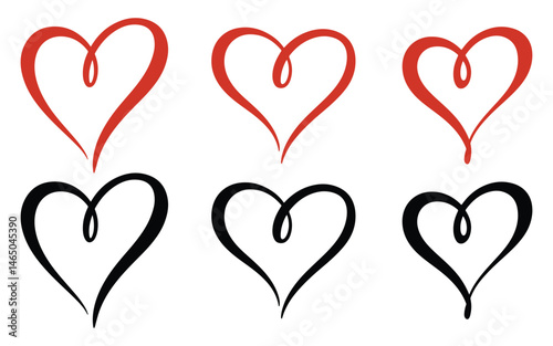 Colleciton of hand drawn calligraphy style heart of love symbol vector illustration on white background. Valentine's Day love icon set design element