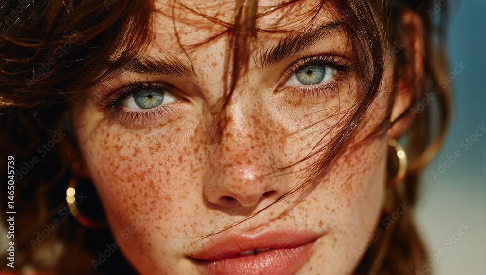 Close-up View of a Woman With Striking Blue Eyes and Freckles Outdoors in Natural Light