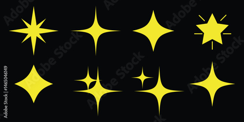Collection of Bright Yellow Sparkle Star Icons on Black Background. sparkle star icon set vector illustration