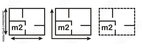 real estate floorplan icons, black line apartment layout symbols with dimension arrows vector illustration