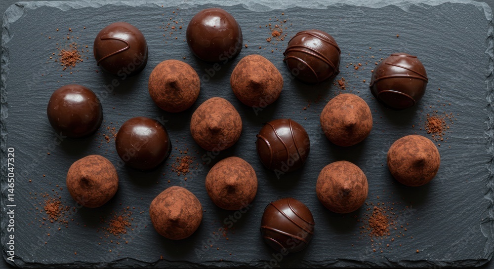 Obraz premium Overhead view of assorted chocolate truffles on dark surface