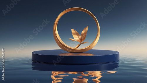 Water-reflective navy podium for elegant staging. Golden light effect for sophisticated product campaigns