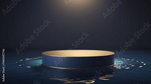 Navy gold podium mockup with water reflection. Golden hour lighting creates premium contrast for luxury product displays