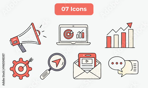 Digital marketing thin line icon set. Containing megaphone, advertising, online video, media social, mobile, goal or target, communication, influence, campaign, public. Vector illustration
