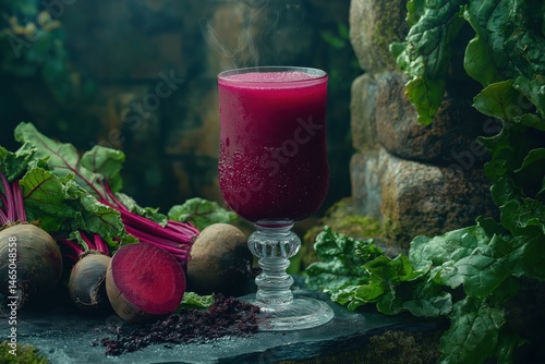 Deep Red Beetroot Juice Beside Earthy Beets On Slate Countryside Surface photo