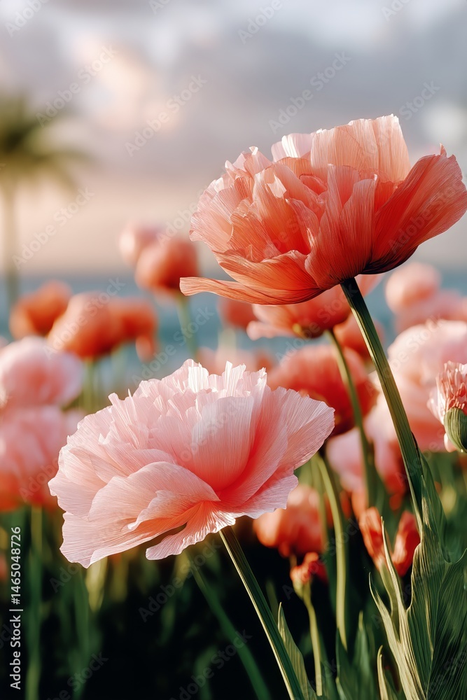 Pink Blooming Flowers Swaying Gently in a Vibrant Garden at Sunset