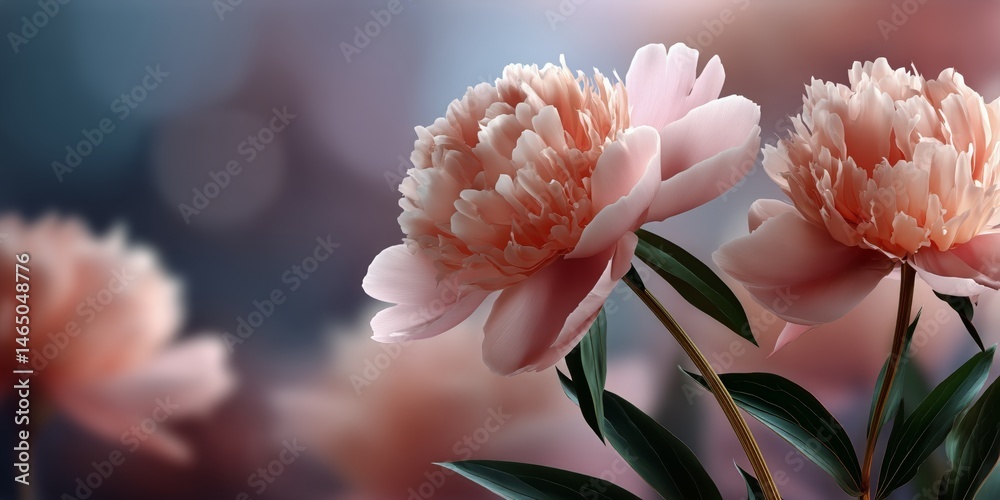 Beautiful Pink Peonies Bloom Gracefully in a Tranquil Garden Setting During the Early Morning Light