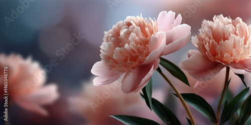 Obraz na płótnie Beautiful Pink Peonies Bloom Gracefully in a Tranquil Garden Setting During the Early Morning Light w salonie