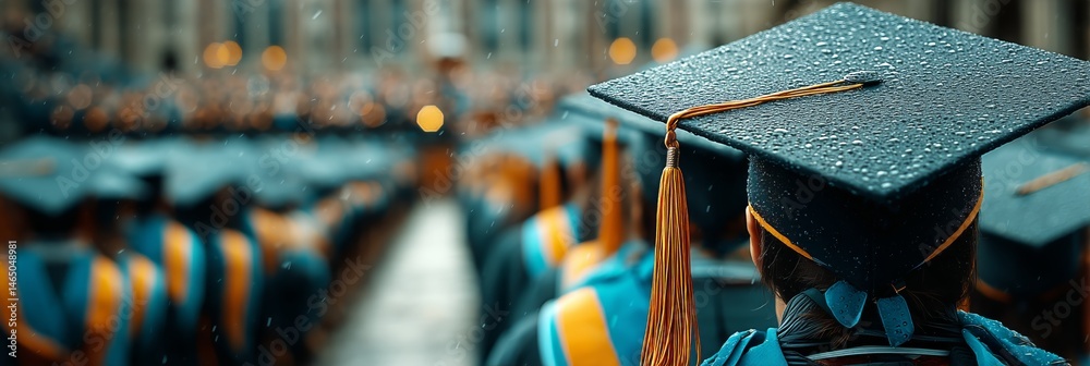 Graduation Ceremony With Graduates Wearing Caps and Gowns in a Rainy Outdoor Setting