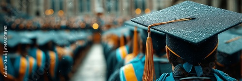 Obraz na płótnie Graduation Ceremony With Graduates Wearing Caps and Gowns in a Rainy Outdoor Setting w salonie