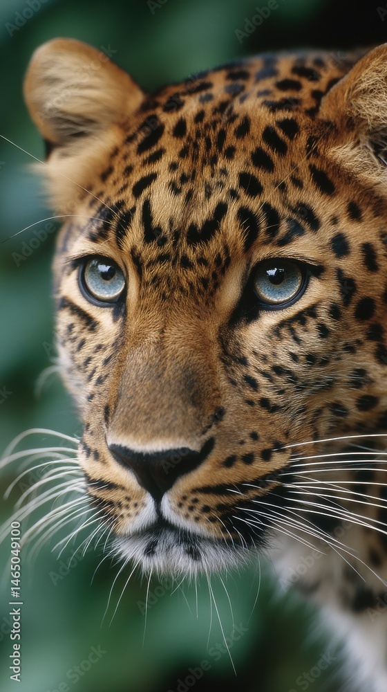 Fototapeta premium Close Up Portrait of Amur Leopard Showing Striking Blue Eyes and Spot Pattern with Soft Green Bokeh Background