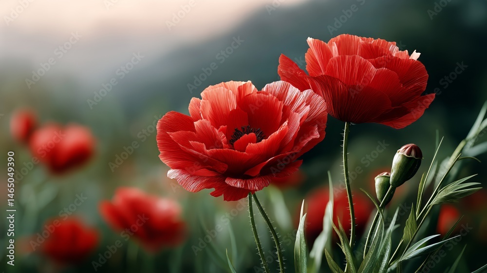 Vibrant Red Poppies Bloom in a Serene Landscape During Golden Hour