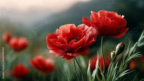 Obraz na płótnie Vibrant Red Poppies Bloom in a Serene Landscape During Golden Hour w salonie