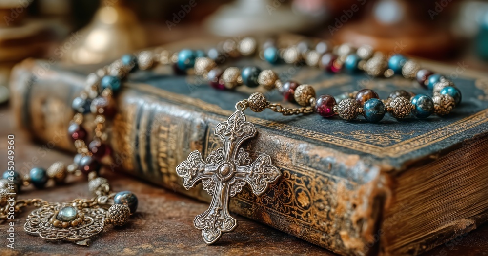 Silver Jewelry and Ornate Book Displayed on Antique Table With Vintage Decor