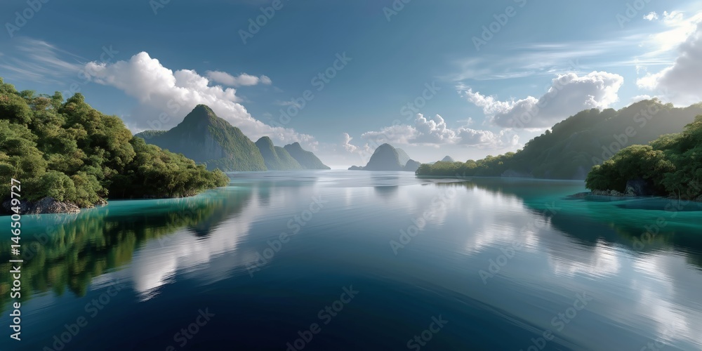 Breathtaking Landscape of Calm Water Surrounded by Lush Mountains and Clouds in a Tropical Setting
