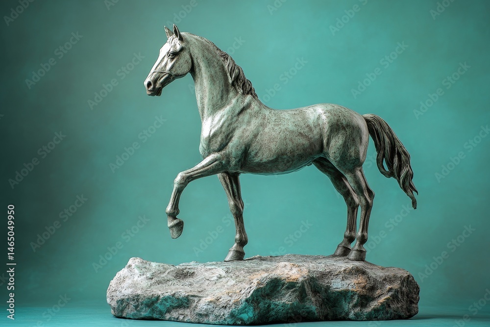 Obraz premium A metallic equine sculpture atop a stone pedestal.