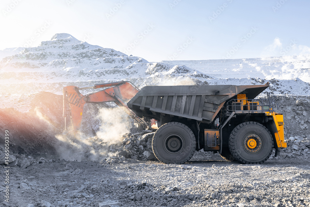 Heavy machinery operating in snowy open-pit coal mine during wintertime. Concept mining industry work