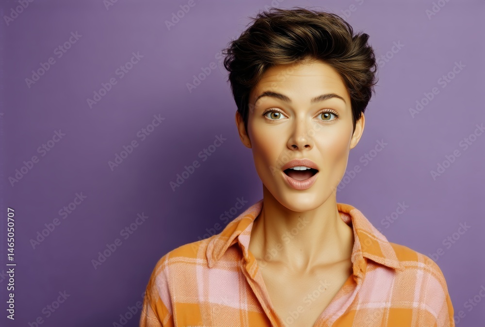 Surprised Woman With Short Hair Expressing Excitement Against a Purple Background