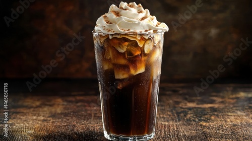 Tall glass of iced coffee with whipped cream on top