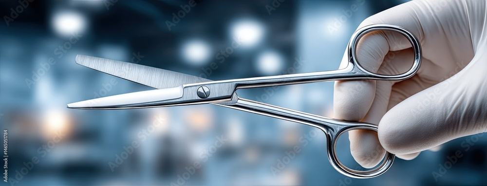 Surgeon's hand skillfully holds surgical scissors in a sterile operating room during a delicate procedure with advanced medical equipment Surgeon's hand skillfully holds surgical scissors in a sterile operating room during a delicate procedure with advanced medical equipment