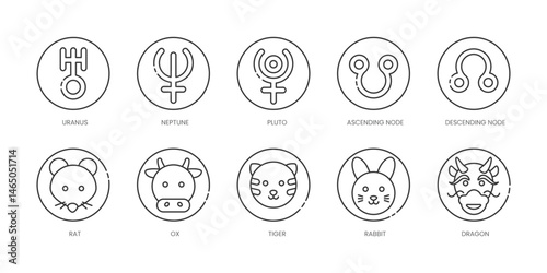 Astrology  Outline Icons Set – Mars, Neptune, Pluto, Saturn, Uranus, Dragon, Horse, Ox, Rabbit, Rat, Editable Stroke.