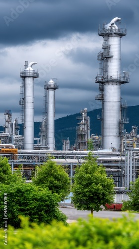 Industrial Plant with Tall Smokestacks Towers and Green Trees Under Moody Cloudy Sky