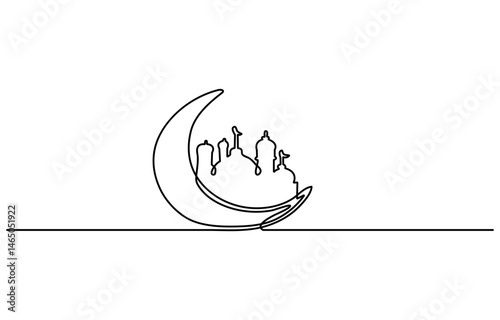One continuous line drawing of Moon with stars. Ramadan Kareem banner in simple linear style. Sleep symbol with crescent in Editable stroke. Doodle vector illustration, Line drawing of moon icon pro.
