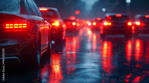Traffic lights reflection on wet road during rainy night, urban transportation safety concept with cars in city