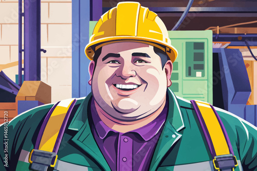 Portrait of a smiling fat male construction worker in uniform and safety helmet, symbolizing professionalism, hard work, and confidence in the construction industry. Ideal for labor, safety vector