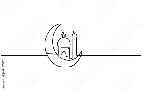 One continuous line drawing of Moon with stars. Ramadan Kareem banner in simple linear style. Sleep symbol with crescent in Editable stroke. Doodle vector illustration, Line drawing of moon icon pro.