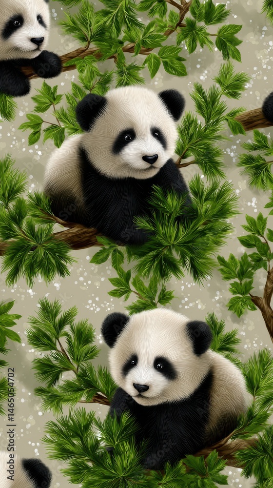 Obraz premium Cute Panda Cubs Relaxing in Lush Green Trees Adorable Animal Wildlife Scene Nature Illustration