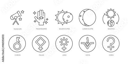 Astrology  Outline Icons Set – Palm-Reading, Solar-Eclipse, Telescope, Wood, Ceres, Chiron, Juno, Pallas, Solstice, Vesta, Editable Stroke.