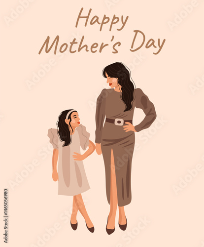 Illustration of mom and daughter on light pink background. Greeting card for Happy Mother's Day