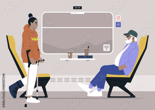 Inside a calm train compartment, a young person with crutches sitting down across from an elderly man, Each absorbed in their thoughts, they share the space, highlighting a moment of coexistence